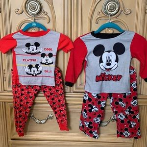 🦋 Mickey Mouse boys 4 piece pajama set fleece tops & bottoms 3T&4T GUC